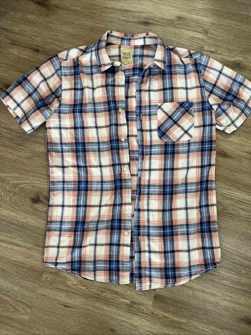 Mens Plaid Button Up Shirt Medium Short Sleeve Cotton Red Blue True Craft